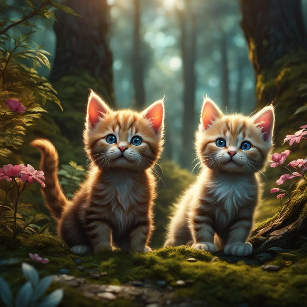 Kittens Playing in Forest: Fantasy Concept Art
