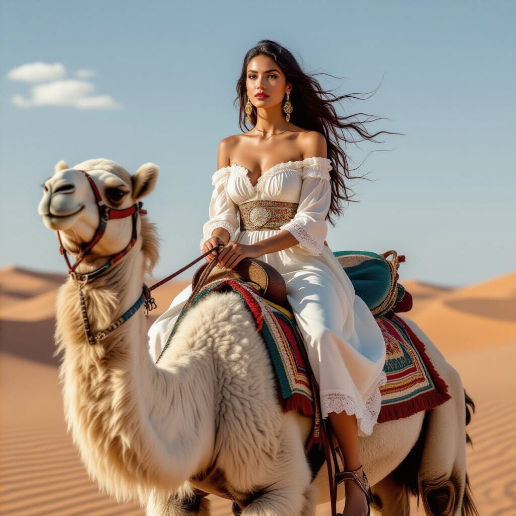 Young Woman Rides Camel in Desert Landscape