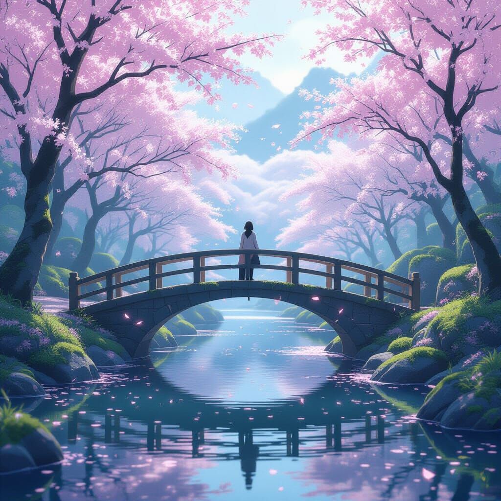 Melancholic Figure on Mossy Bridge Amidst Wilting Cherry Blo...