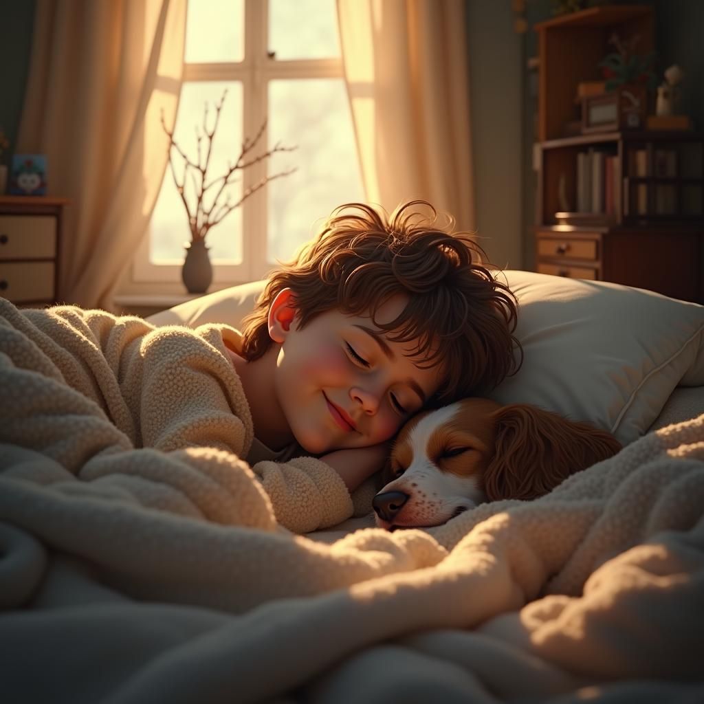 Boy and Springer Spaniel in Bed, Fantasy Matte Painting