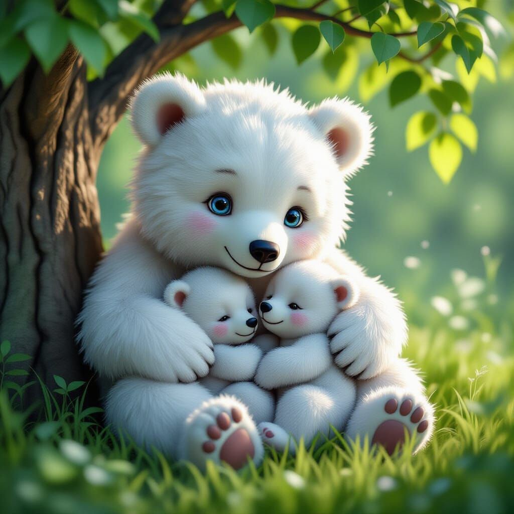 Polar Bear Cuddles Cubs: 8K Photorealistic 3D Illustration