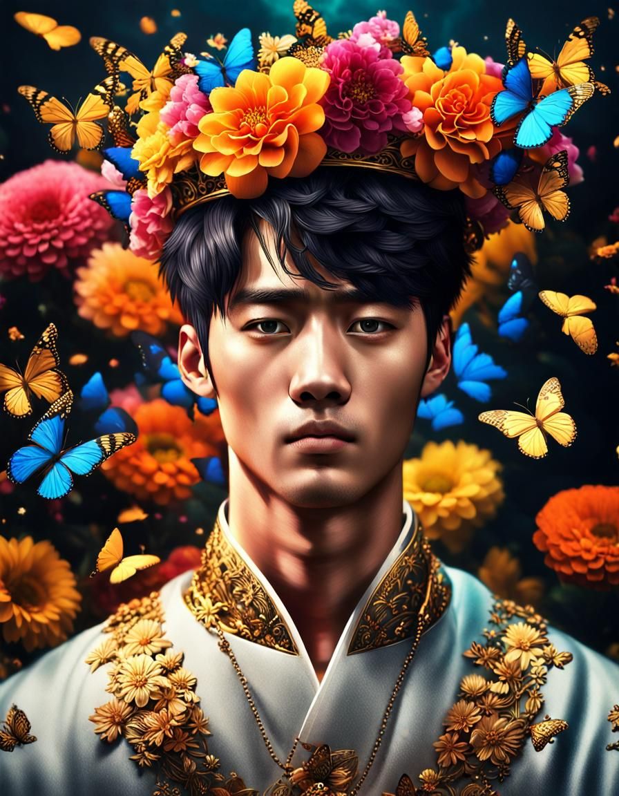 Ethereal Korean Man with Floral Crown: Hyperrealistic Art