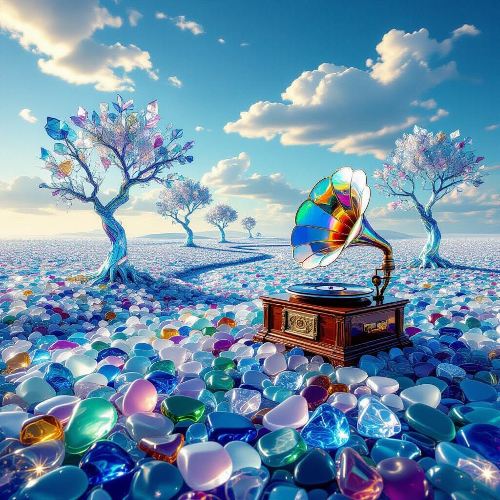 Surreal Gramophone in Sea Glass Landscape