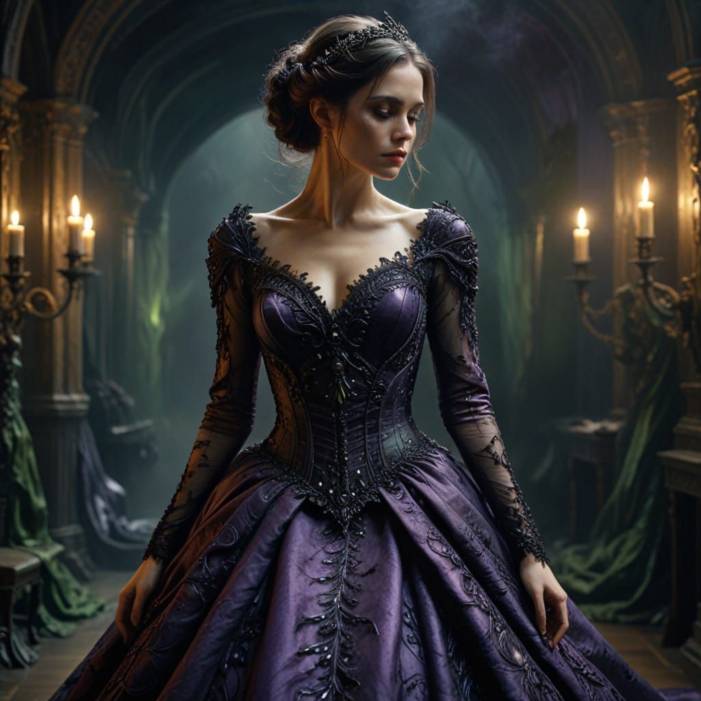 Ethereal Dark Wedding Gown in Gothic Oil Painting Style