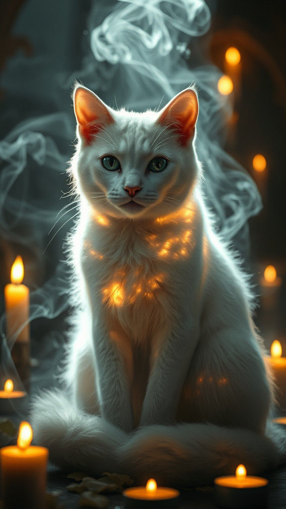 Ethereal White Cat in Mystical Candlelit Realm