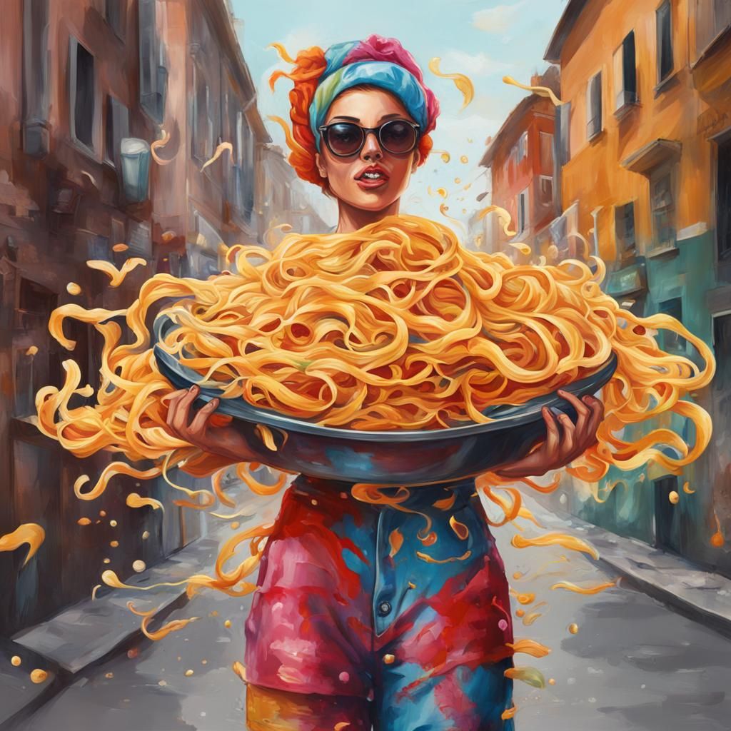 Pasta-Inspired Woman in Colorful Graffiti Art