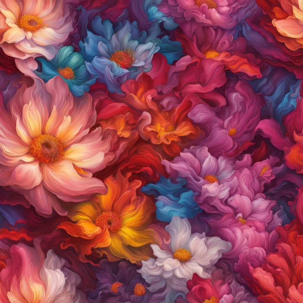 Vibrant Flower Petal Explosion in a Surreal Landscape