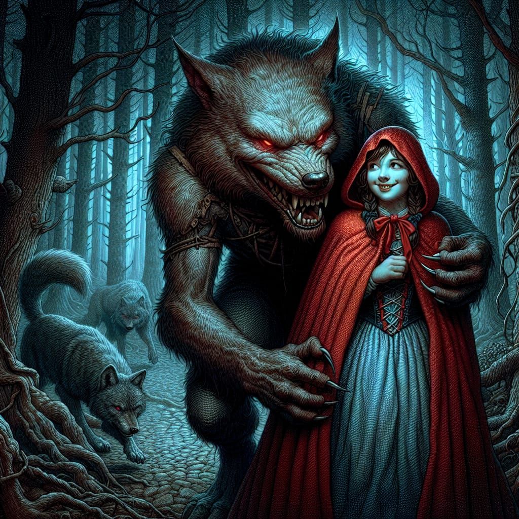 Little Red Riding Hood and Werewolf in Dark Fantasy Style