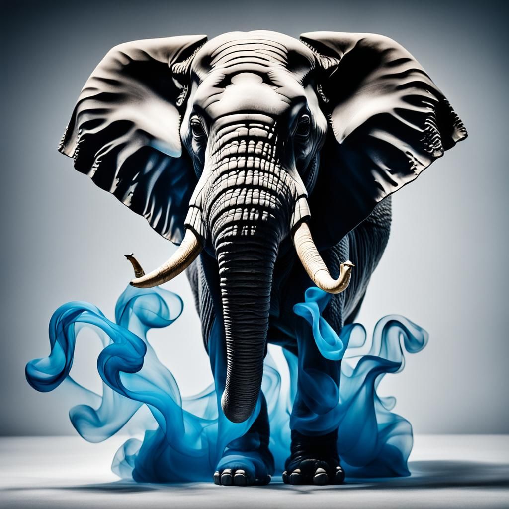 Smoke Elephant Sculpture on Swirling Waves