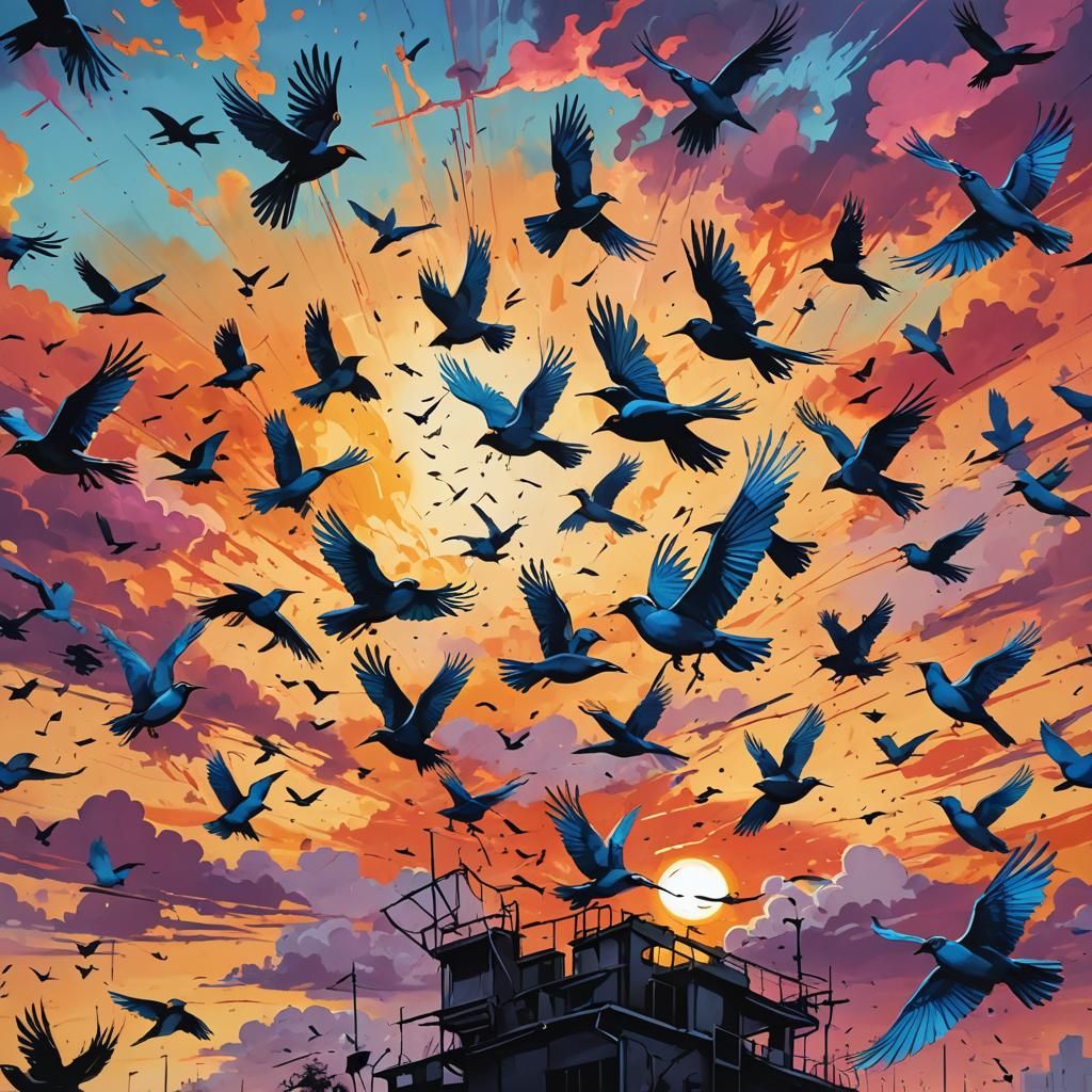Colorful Sunset Sky with Birds in Graffiti Style