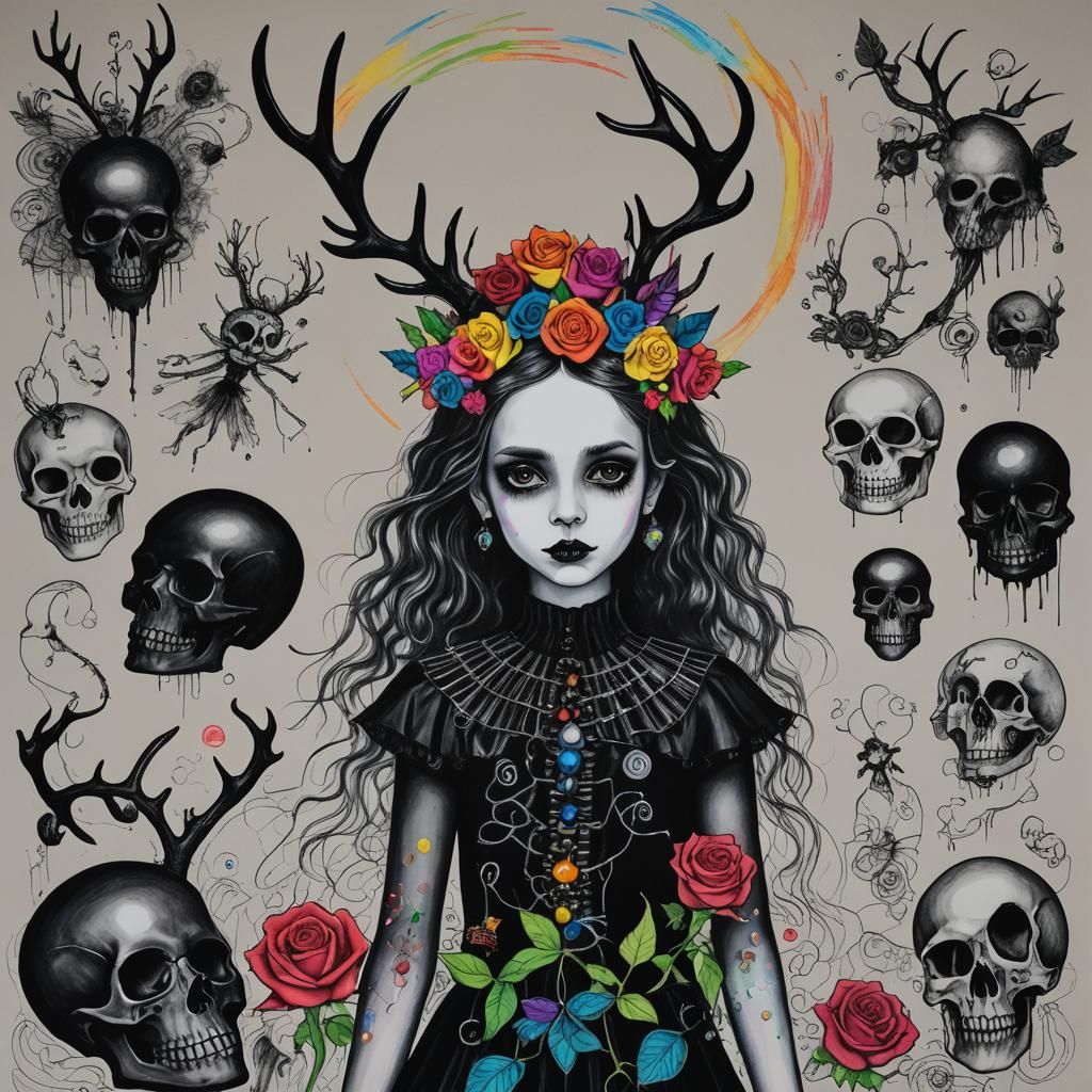 Goth Woman in Surreal Crayon Art with Fairy