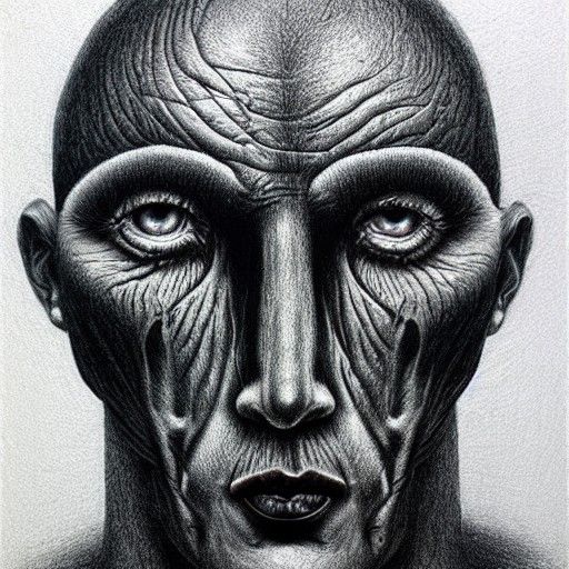 Tired Face in Dark Surrealist Pen Drawing