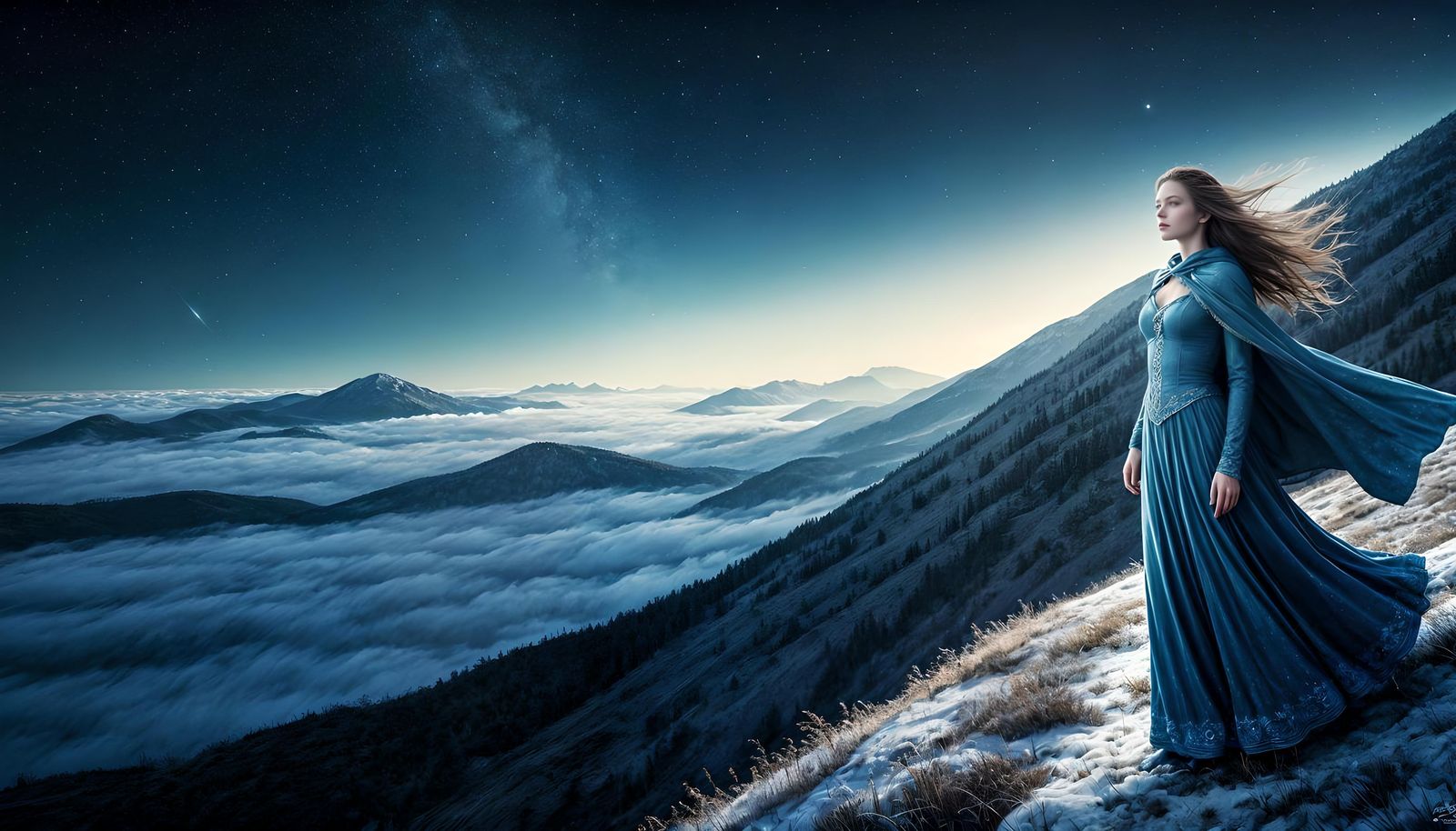 Woman Gazing at Starry Vista, Fantasy Art