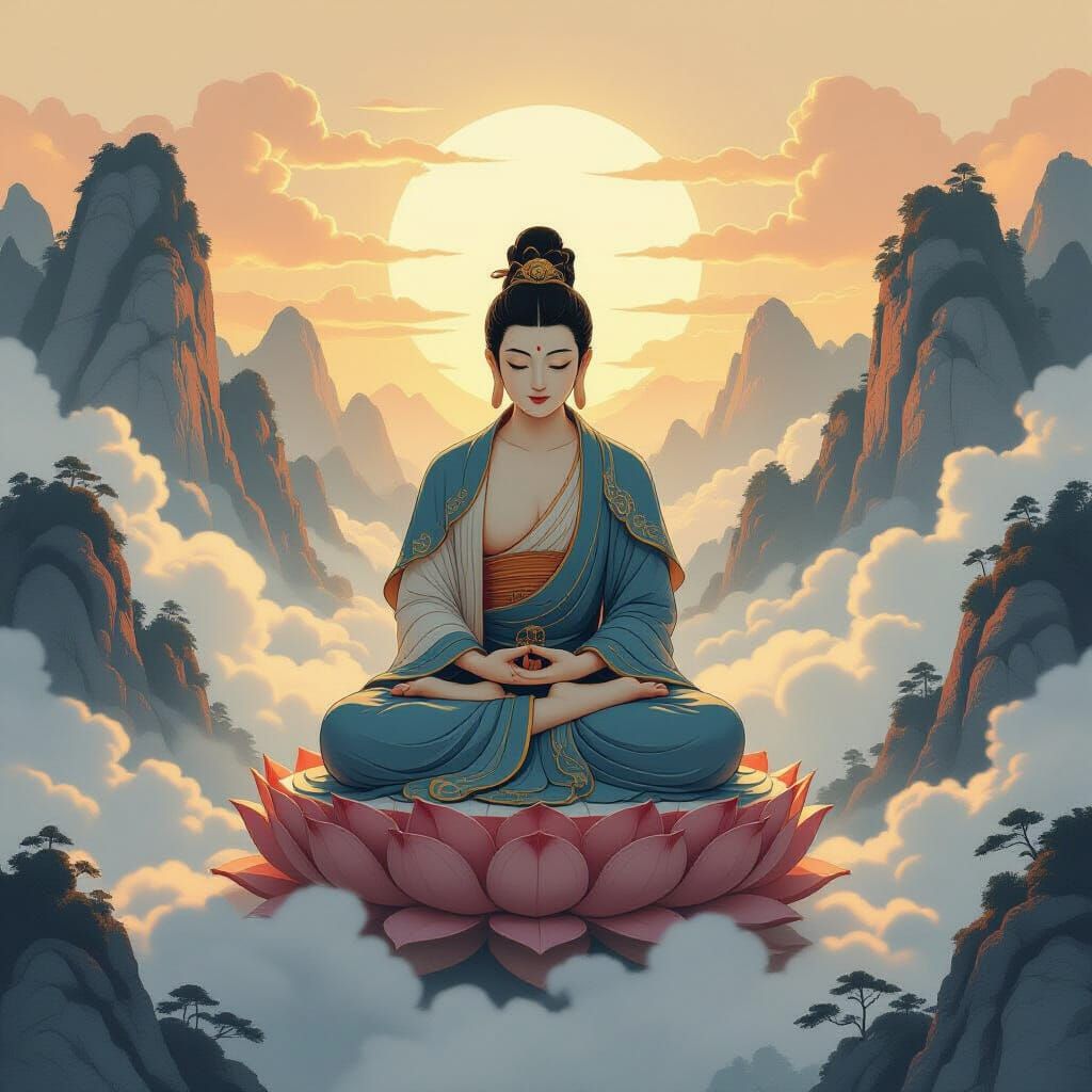 Serene Bodhisattva in Misty Mountains at Dawn