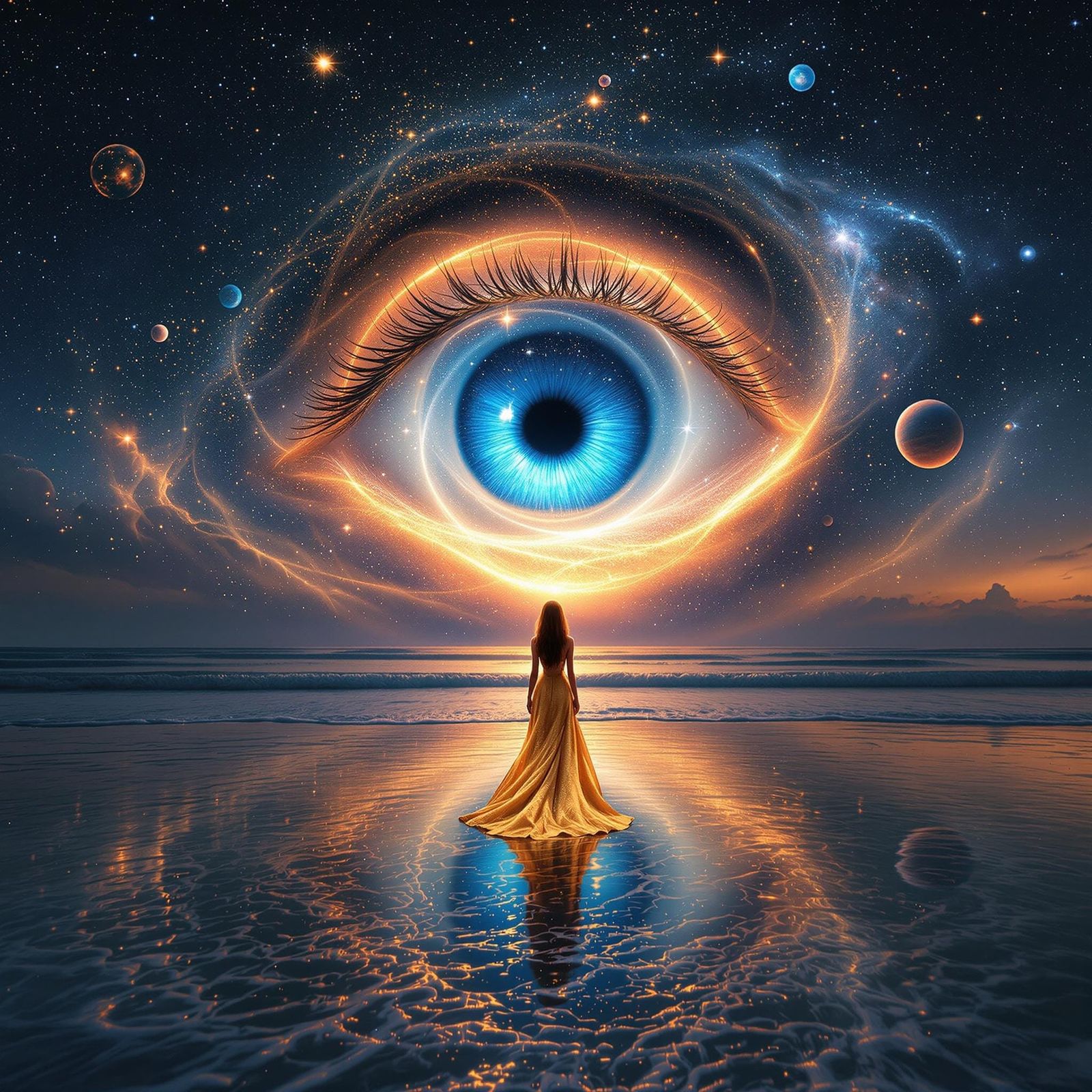 Woman Gazing at Celestial Eye Mirrored in Water