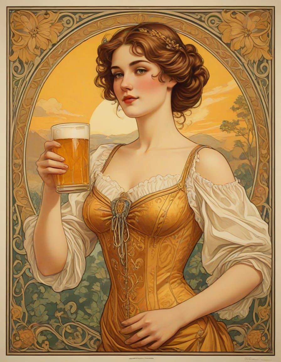 Art Nouveau Beer Advertisement Poster with Elegant Woman