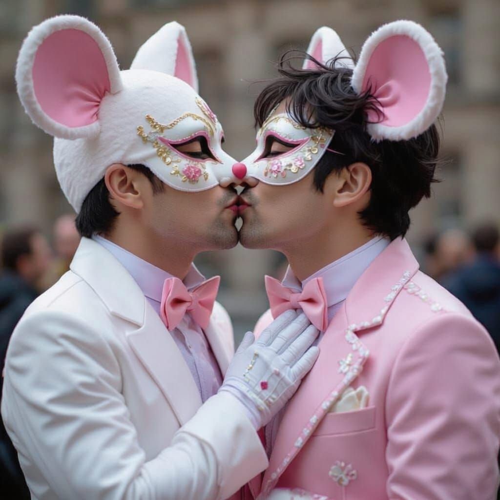 Gay Men in Mouse Costumes Kissing, Manga Style