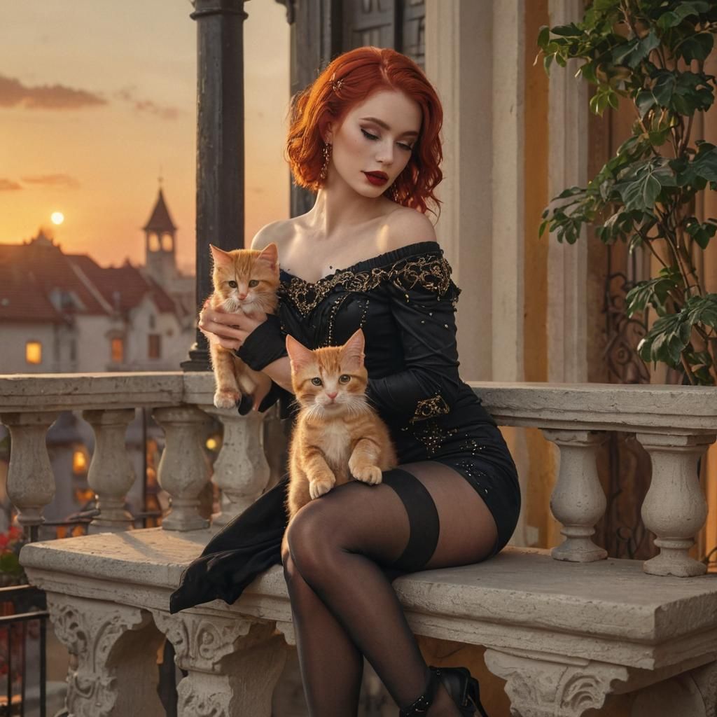 Goddess with Kitten on Balcony: Fantasy Concept Art