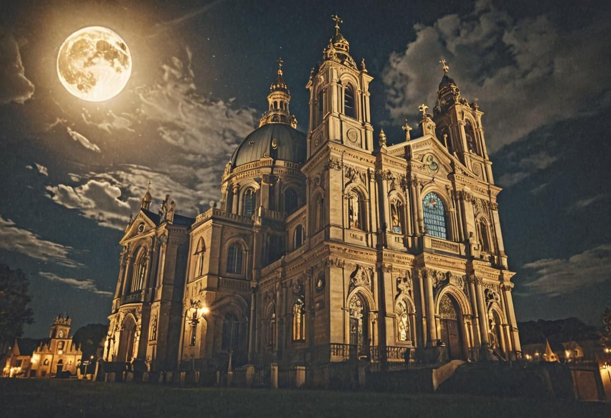 Mysterious Baroque Gothic Church in Moonlight