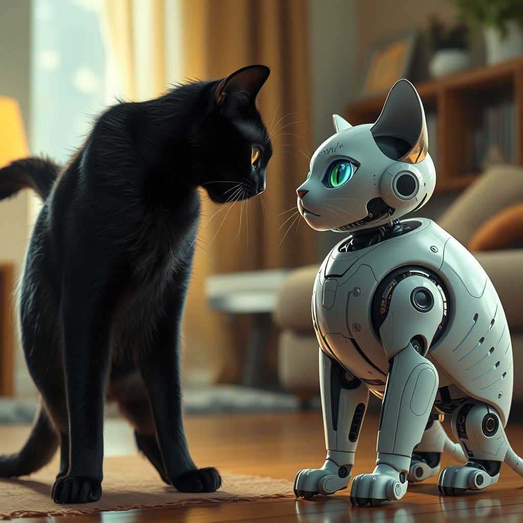 Housecat Confronts Robot Cat in Cozy Living Room