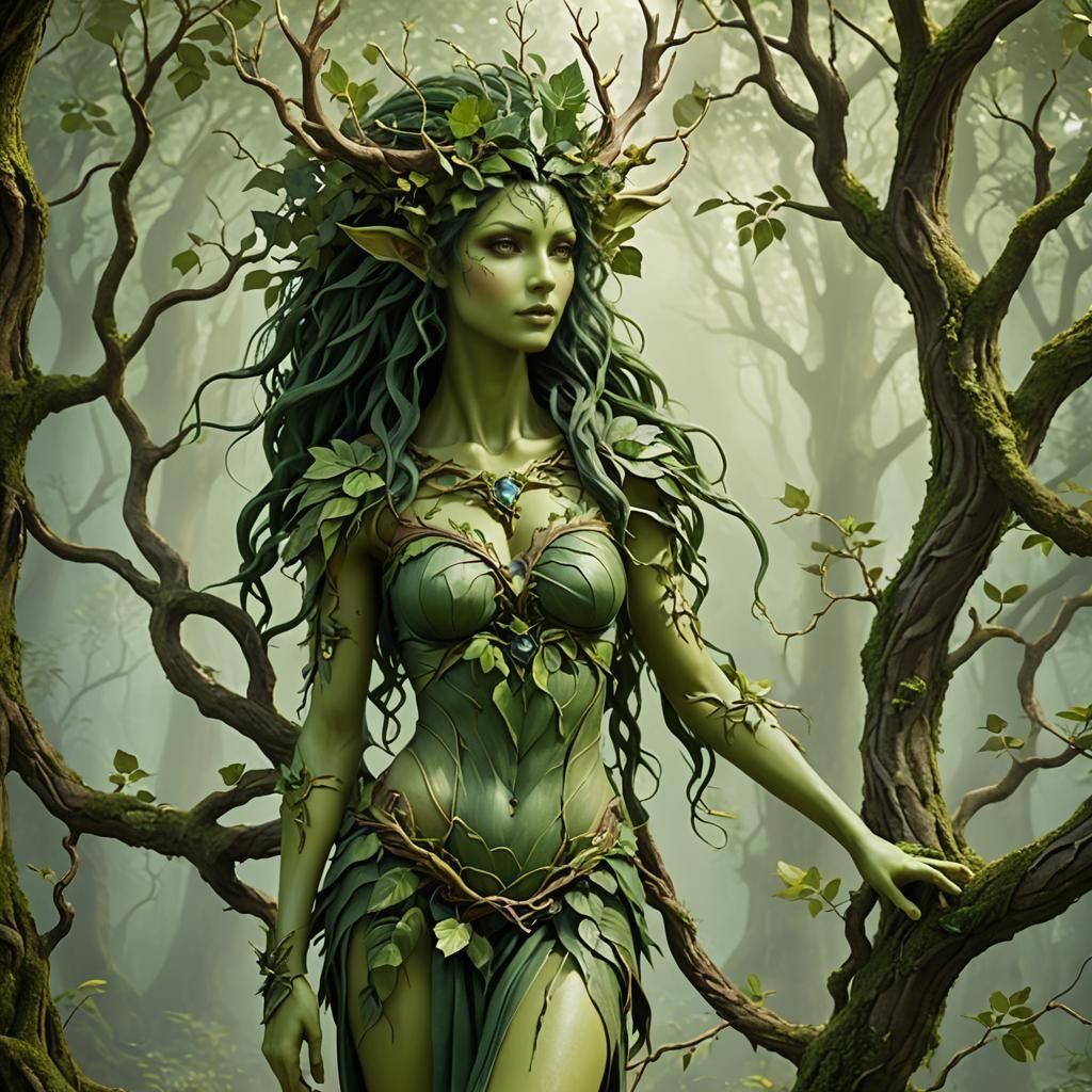 Green Dryad in Forest Setting