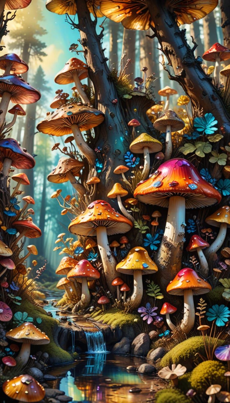 Vibrant Mushroom Village in Hyperrealistic Detail