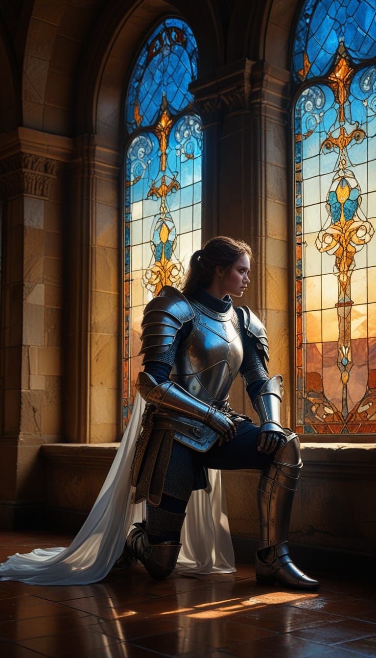 Gothic Female Knight in Shimmering Armor, Castle and Window