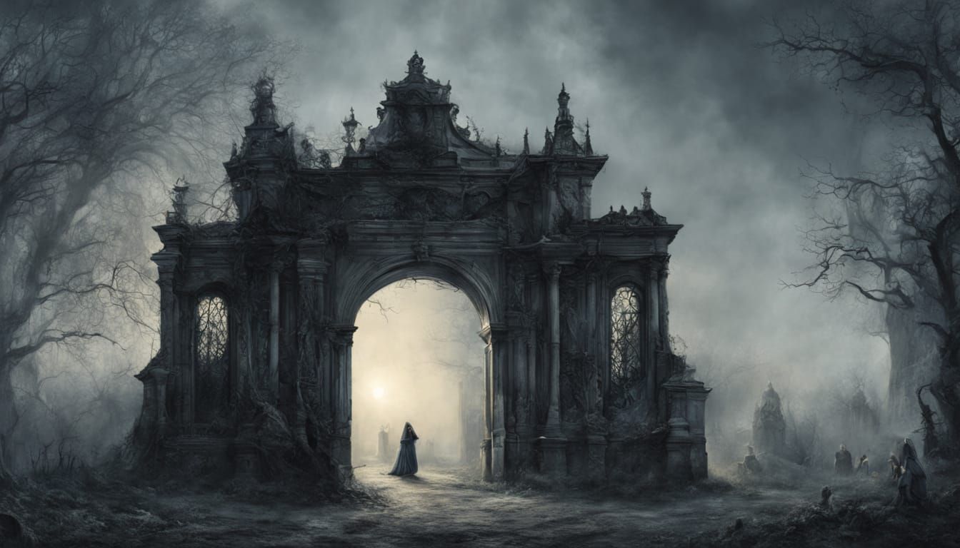 Gothic Cemetery Gate in Ethereal Mist