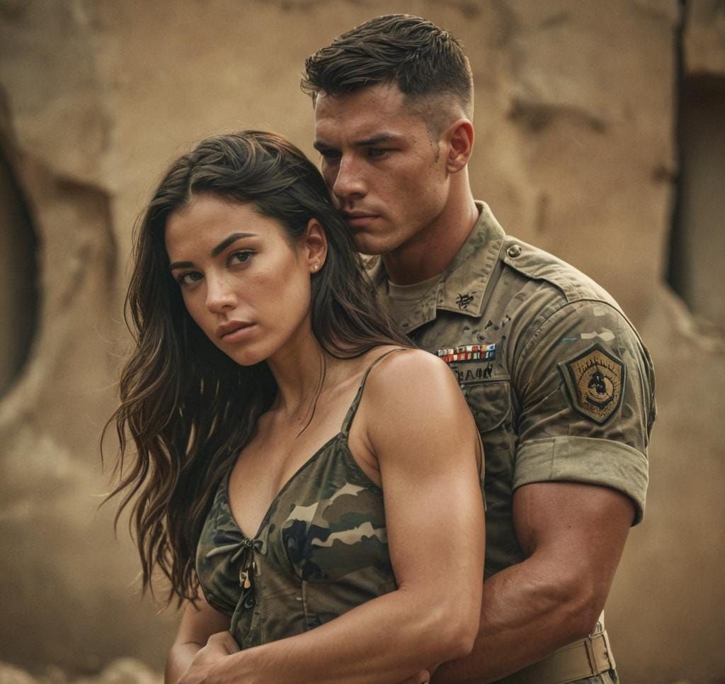 Cinematic Film Still: Marine Embracing Woman