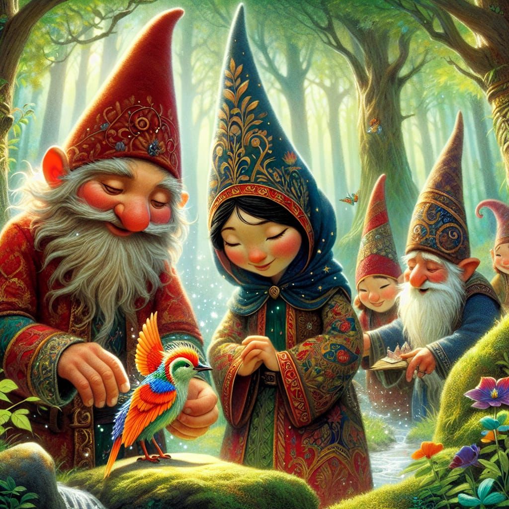 Whimsical Gnomes Tend to a Bird's Broken Wing in an Enchante...