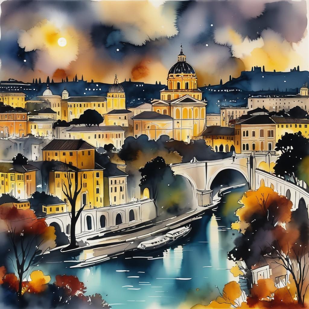 Autumn Night in Rome: Alcohol Ink Painting