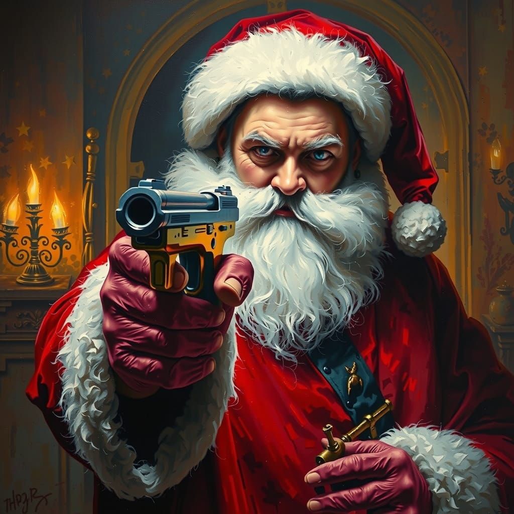 Sinister Santa with Pistol as Impasto Acrylic Painting