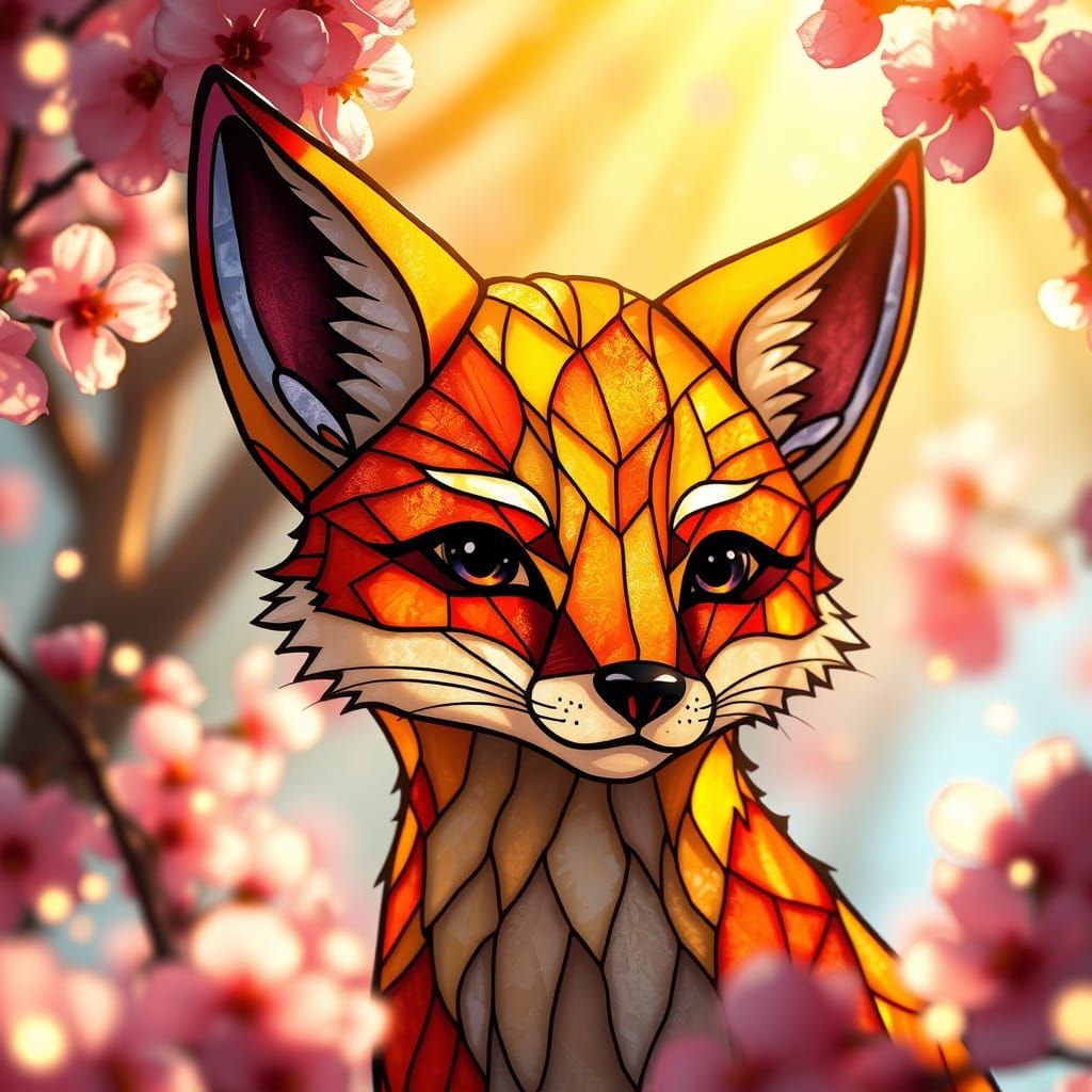 Vibrant Stained Glass Fox in Whimsical Cherry Blossom Landsc...