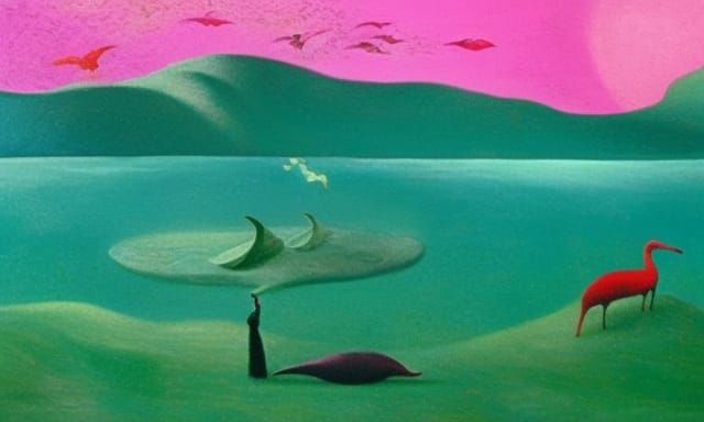 Surreal Snails and Whales in Pink: Oil Painting