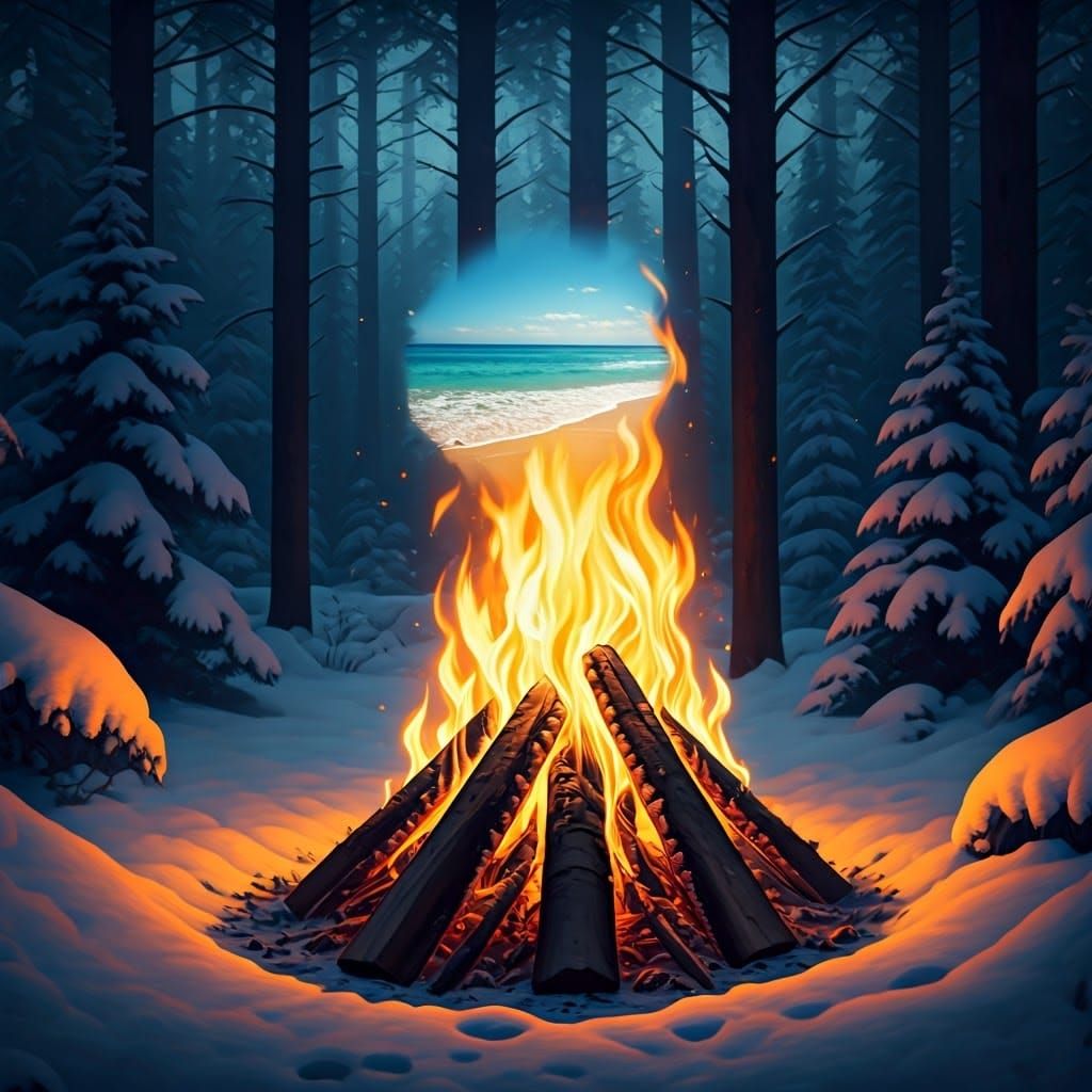 Double Exposure Campfire Scene in Surreal Winter Wonderland