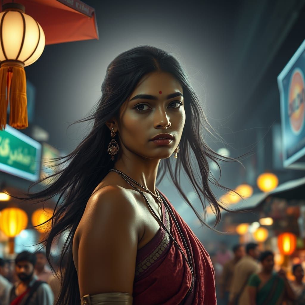 Indian Woman Over Night Market in Flux-Schnell Realism