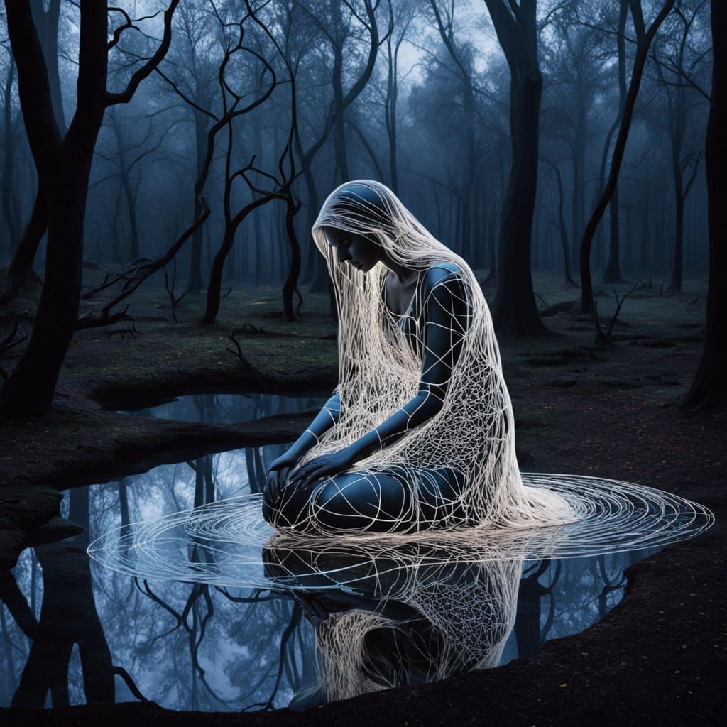 Surreal Woman in Moonlit Labyrinth of Mirrors
