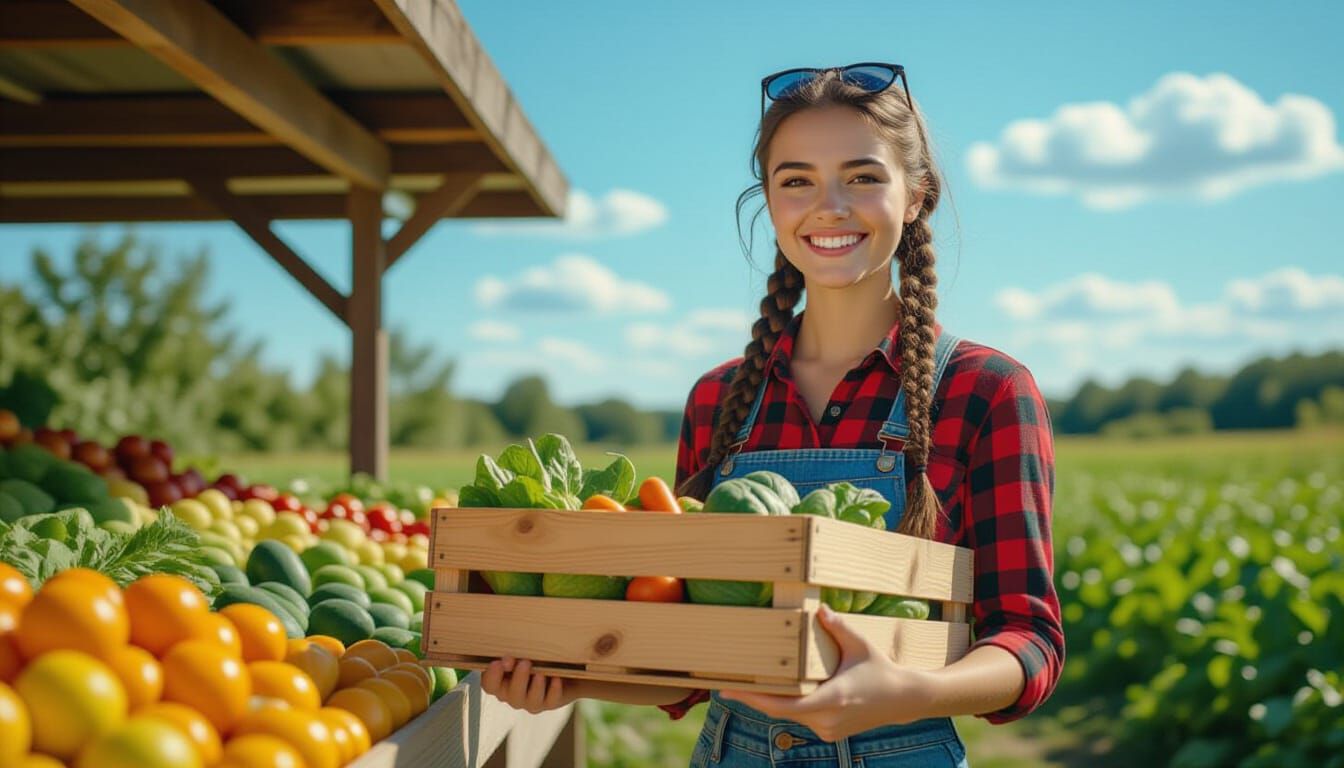 Young Woman Proudly Displays Farmstand Vegetables