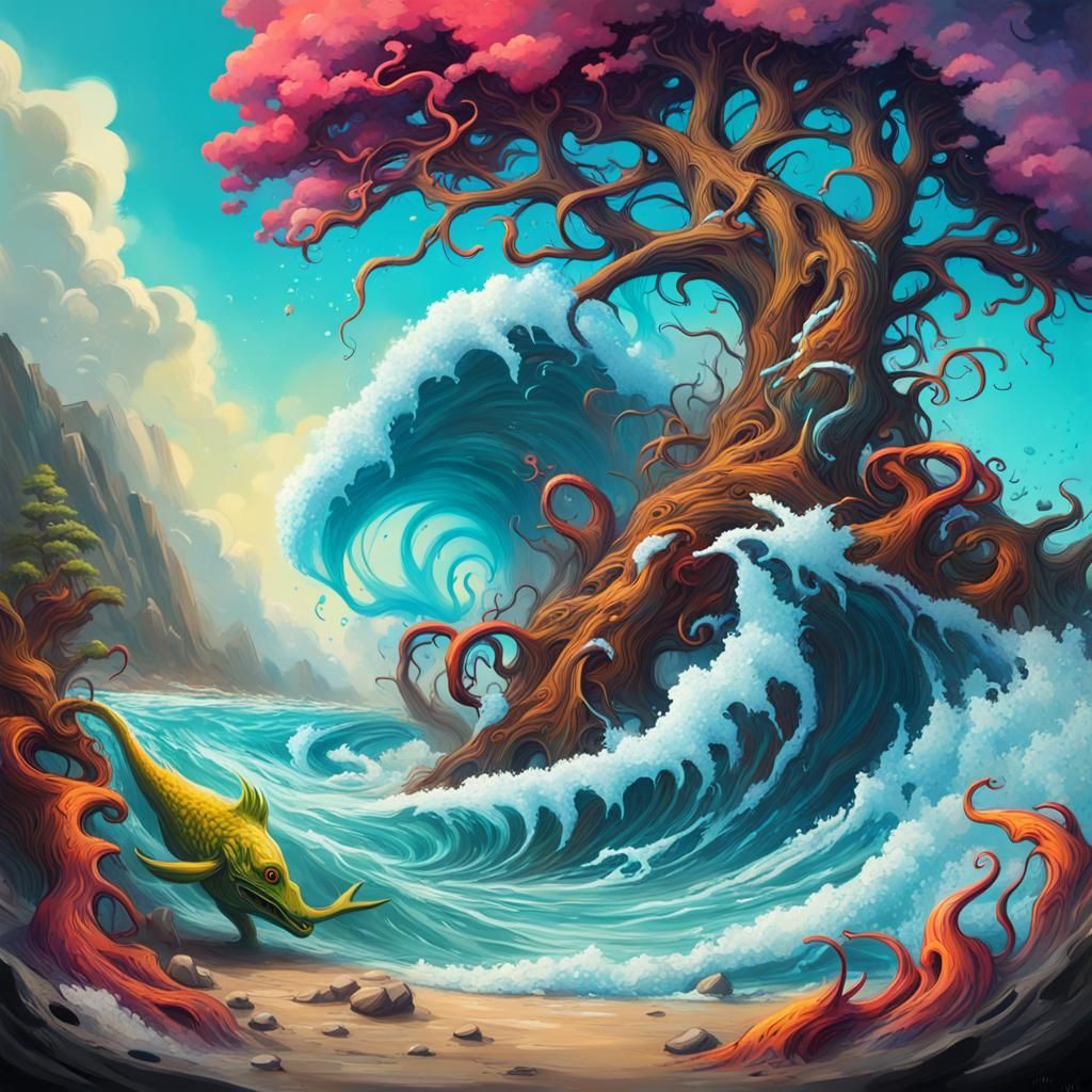 Enchantress on Stormy Beach in Graffiti Art Style