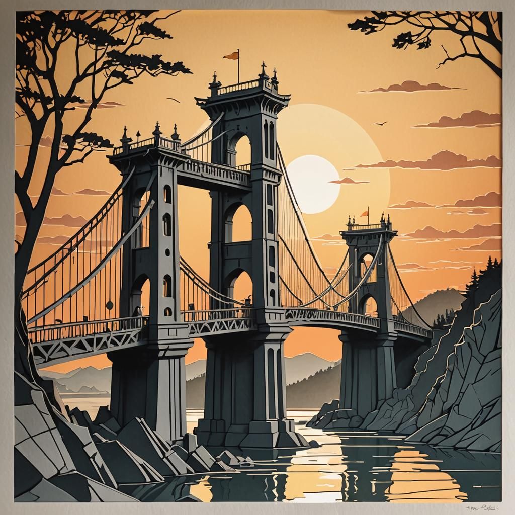 Kirigami Suspension Bridge Pillar at Sunset