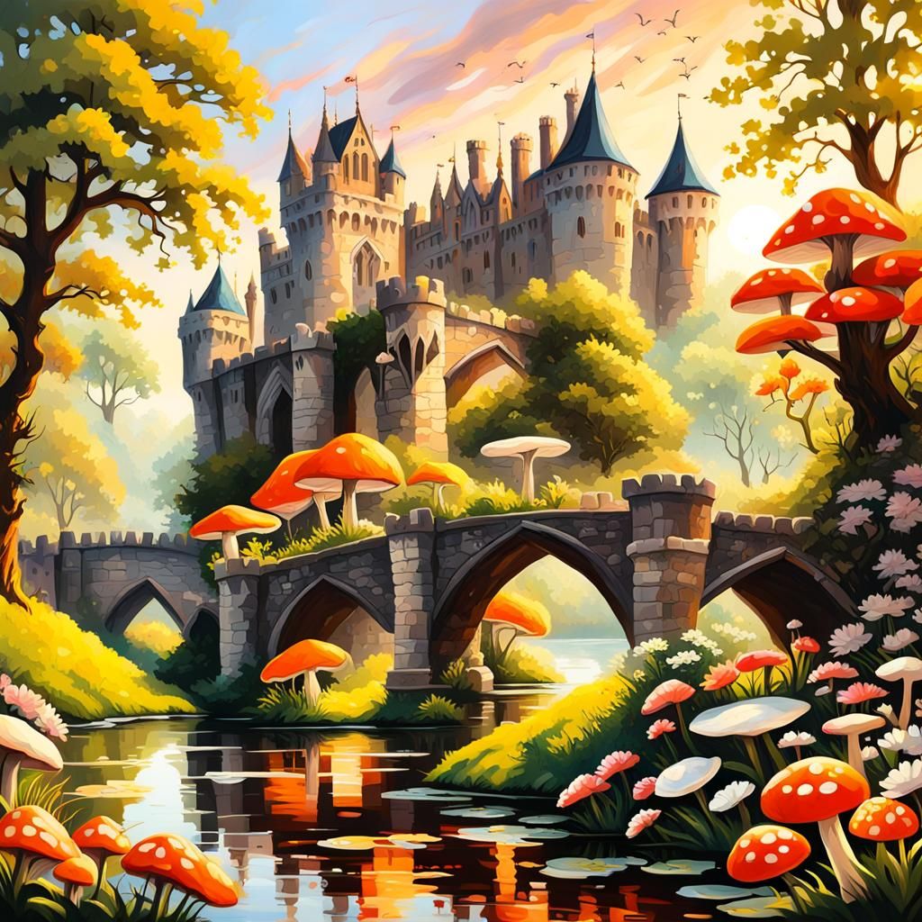 Gothic Castle Bastion and Chrysanthemum Garden at Sunset