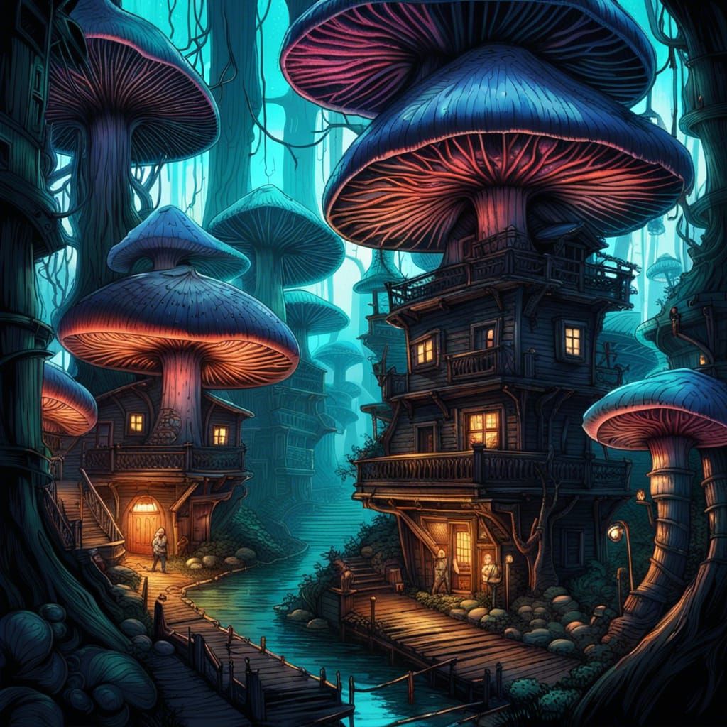 Bioluminescent Mushroom City: Psychedelic Fantasy Art