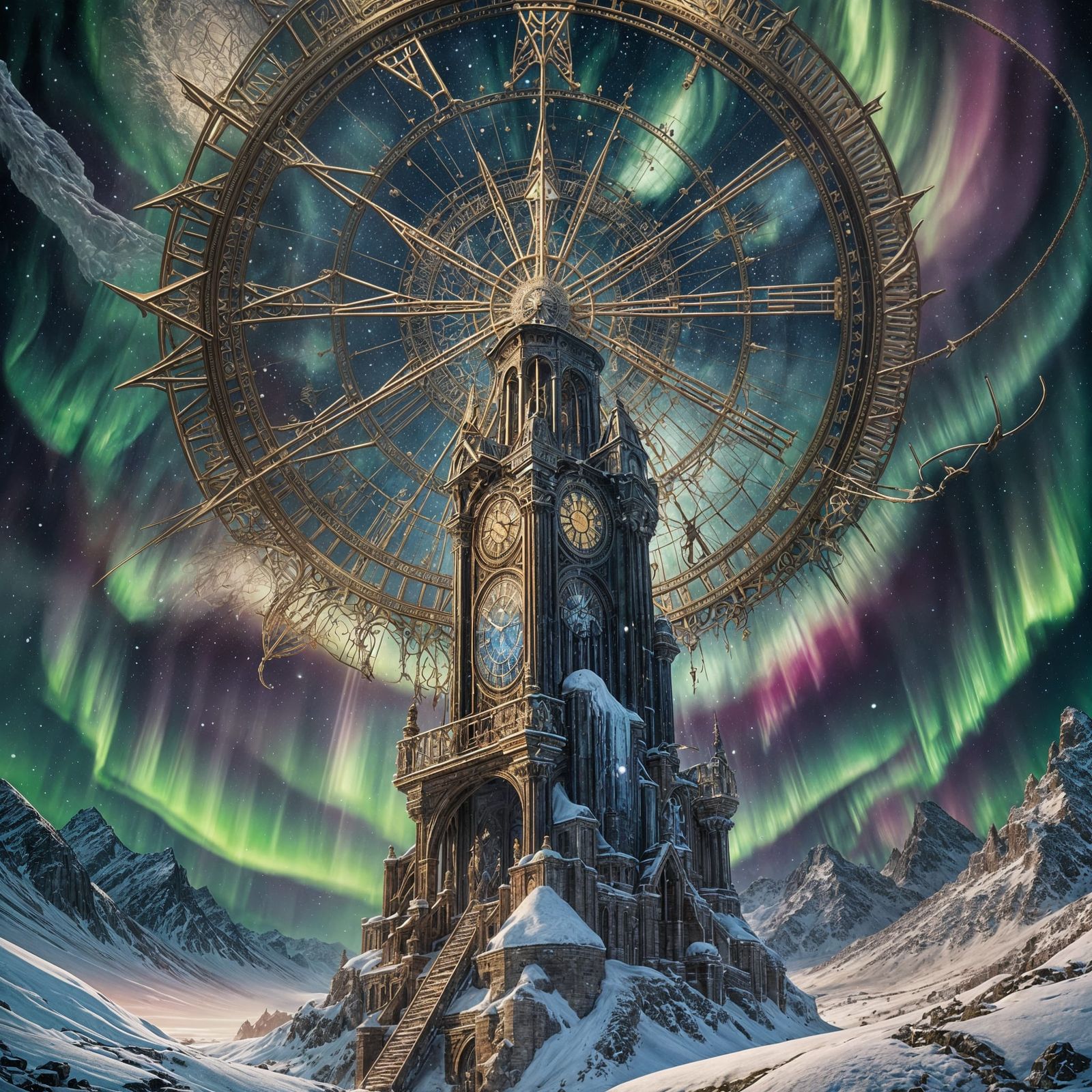 Cosmic Aurora Clock in Snowy Landscape