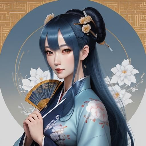 Elegant Woman in Manga Style with Blue Hair