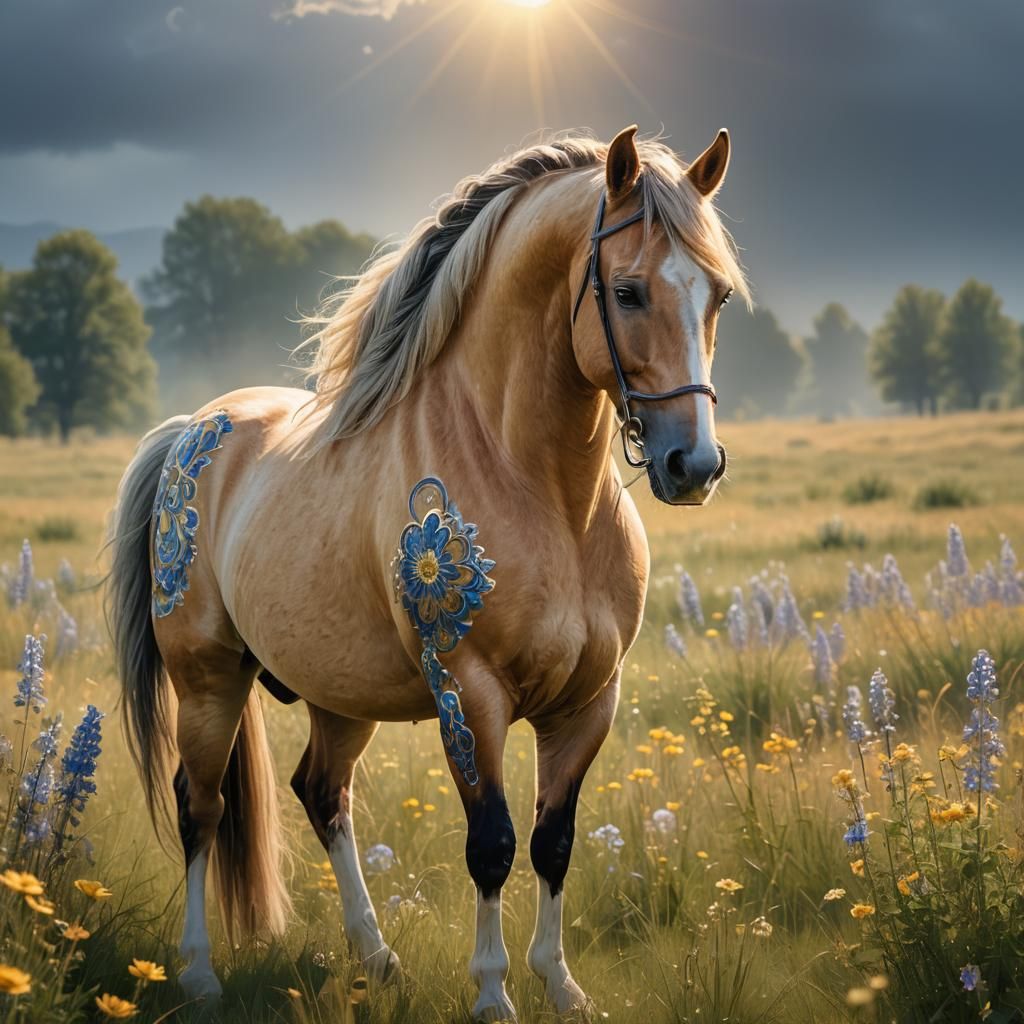 Enchanting Buckskin Mare in Sunny Meadow, Fantasy Art