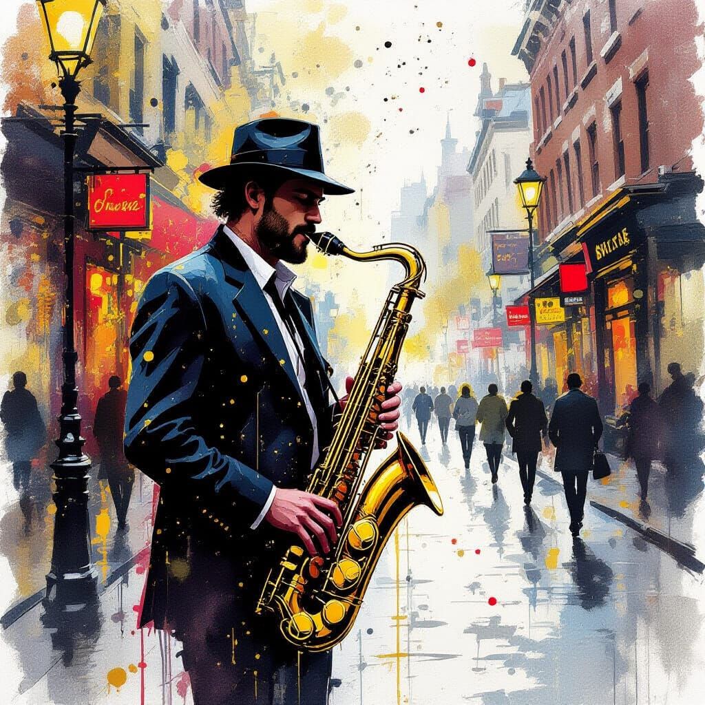 Saxophone Art with Ink Splashes and Golden Drippings