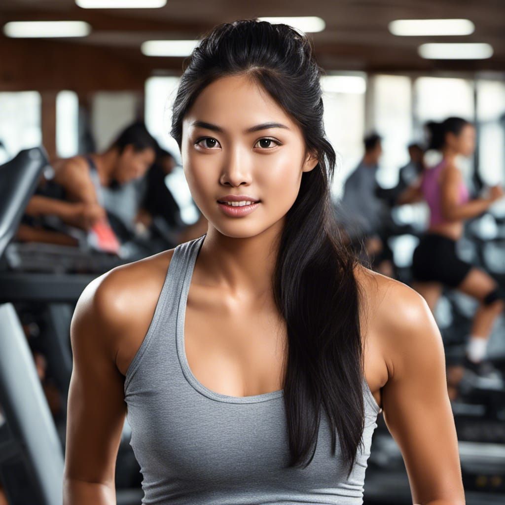 Indonesian Woman Running in Gym: Photorealistic Portrait