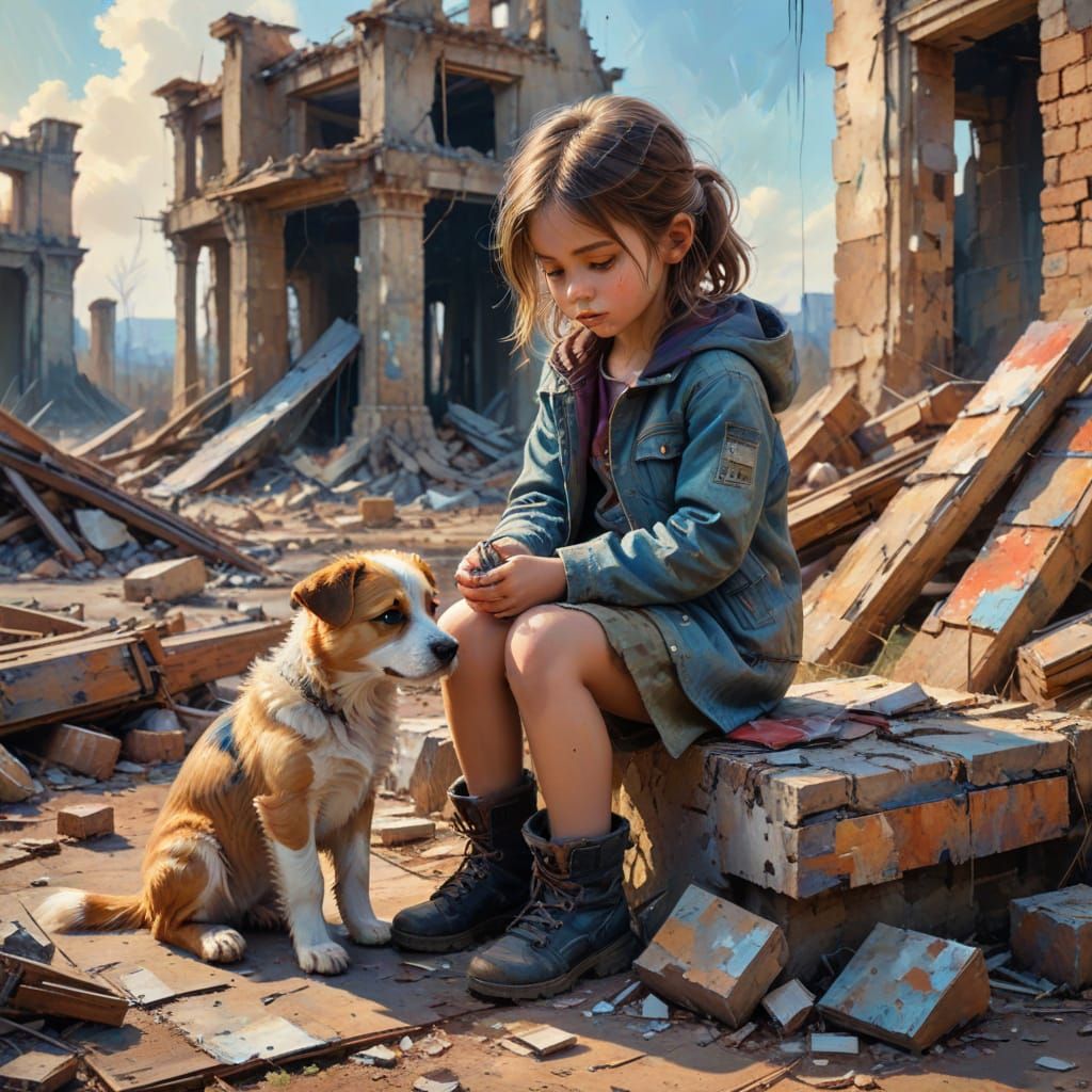 Sad Girl and Puppy on Ruins, Impressionist Style