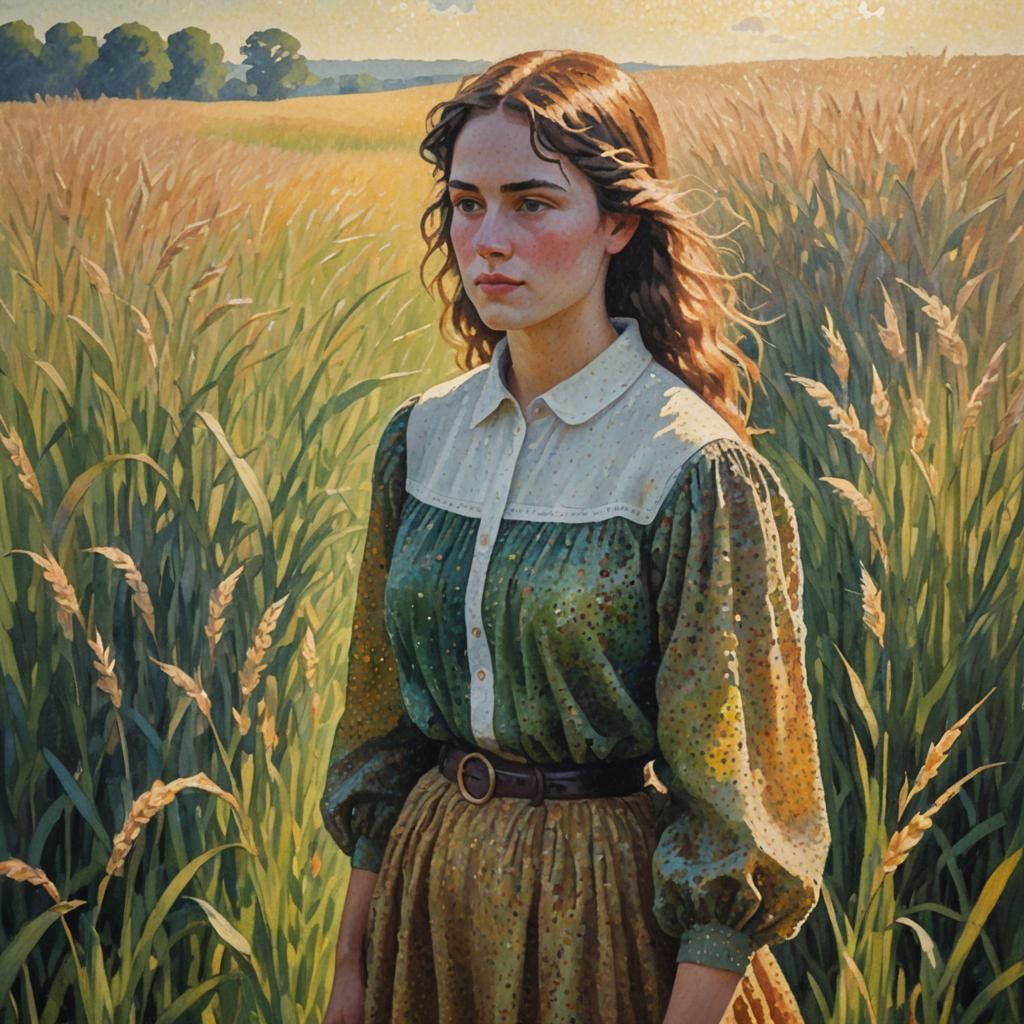 Pointillist Portrait of Lady Shadow in Golden Light