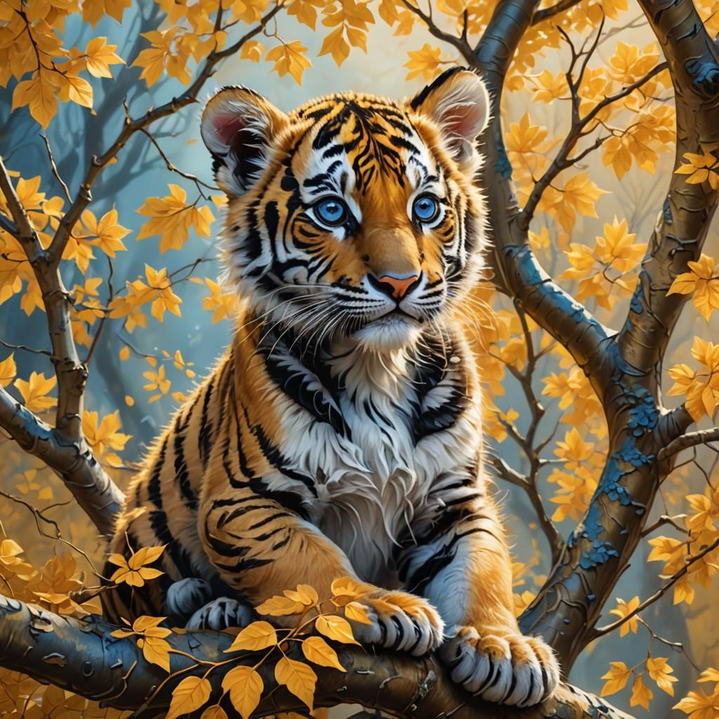 Cute Tiger Cub in Autumn Maple Tree